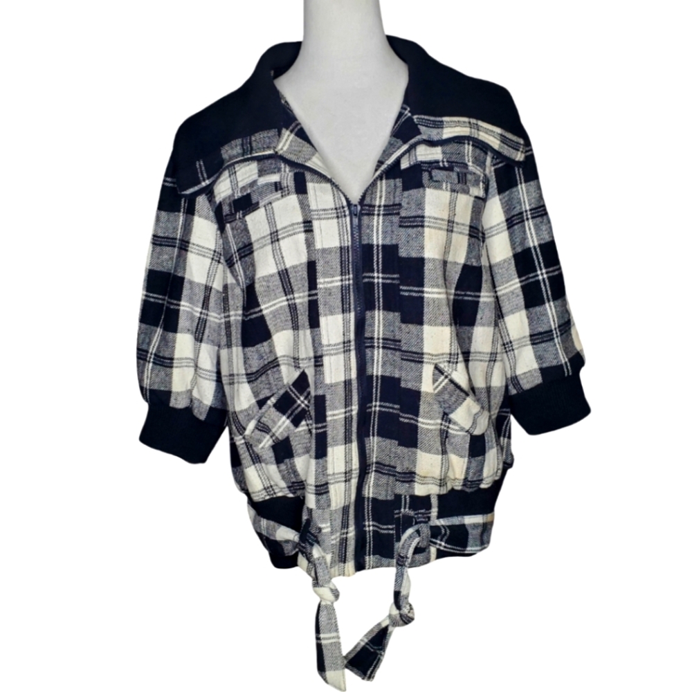 Caren Sport Plus Size Black & White Plaid Belted Bomber Jacket